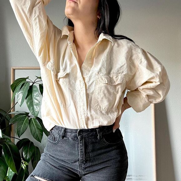 Vtg 90s minimlist button down blouse cotton ramie Oversized Long Sleeve Medium - Picture 6 of 10
